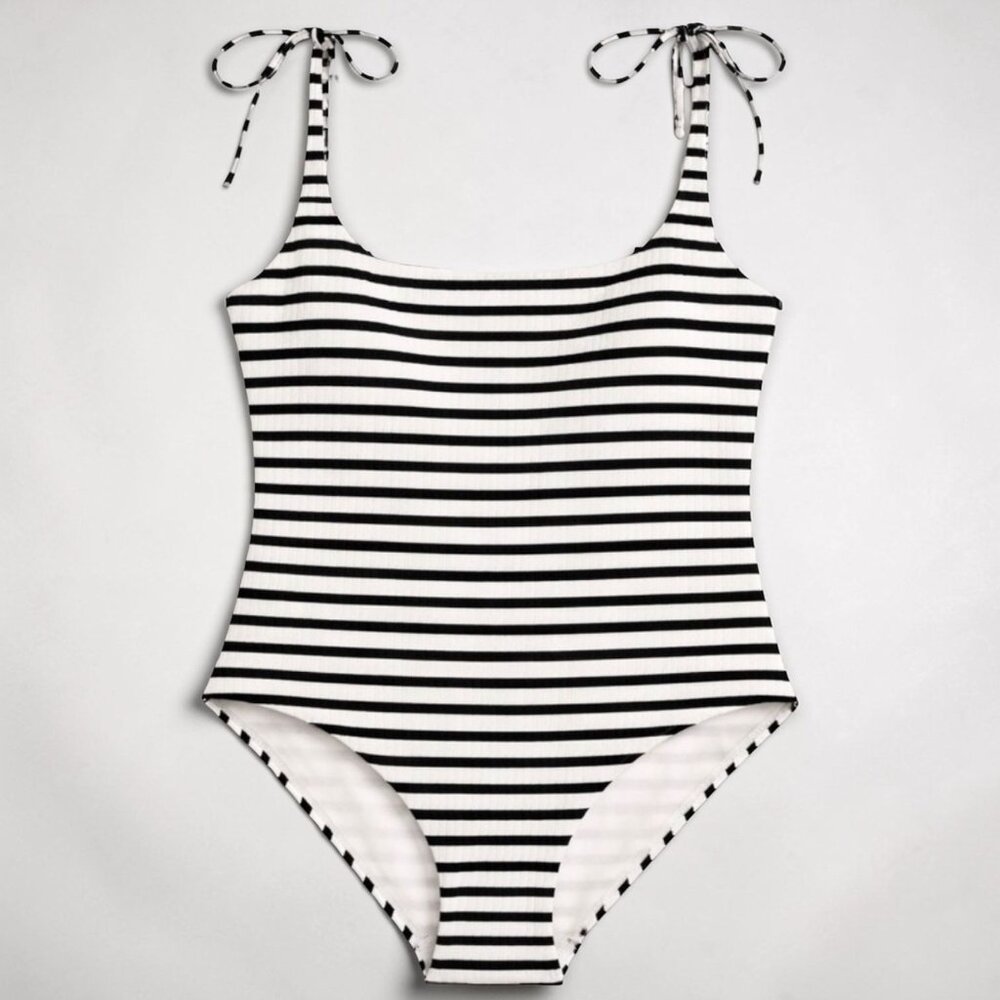 & Other Stories One Piece Swimsuit Black White Striped Ribbed Size 10